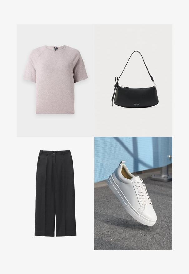 Helles beige T-Shirt mit kurzen Ärmeln, aus weichem, strukturiertem Stoff, mit rundem Halsausschnitt und Raglanärmeln.; Schwarze Weitbein-Hose mit vorderen Falten, seitlichen Taschen, Bund mit Gürtelschlaufen und Knopfverschluss vorne.; Weißes Leder-Sneaker mit flachen Schnürsenkeln, runder Zehenpartie, Gummisohle und einem kleinen Zieh-Tab an der Ferse. Glatte Textur mit minimalen Design-Details.; Schwarze Lederhandtasche mit geschwungener Form, strukturierter Oberfläche und einem einzelnen Trageriemen. Verfügt über einen Reißverschluss und ein Logo auf der Vorderseite.