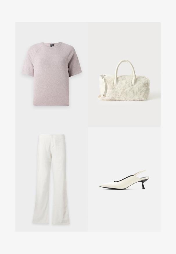 Lys beige kortærmet t-shirt lavet af blødt, struktureret stof med runde udskæring og raglanærmer.; Hvide bukser med lige ben, højtaljede og med forside knaplukning, vist mod en ensfarvet baggrund.; Cremefarvet spids tå slingback-sko med lav sort kittenhæl og glat læderfinish på hvid baggrund.; Lille hvid håndtaske med krøllet pelsstruktur, dobbelte håndtag og en aftagelig skulderrem mod en enkel lys baggrund.