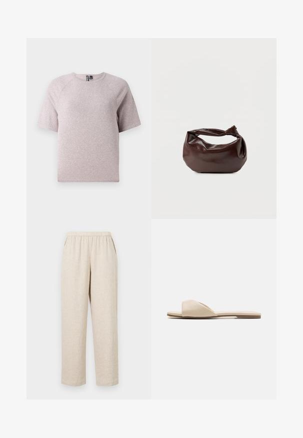 Helles beige T-Shirt mit kurzen Ärmeln, aus weichem, strukturiertem Stoff, mit rundem Halsausschnitt und Raglanärmeln.; Beige Leinenhosen mit einem elastischen Bund, seitlichen Taschen, geraden Beinen und einer strukturierten Stoffoberfläche.; Flache Riemchensandalen aus einem weichen beigen Material, mit einem offenen Zehendesign, glatter Textur und minimalistischem Schnitt sowie einer hellbraunen Sohle.; Dunkelbraune Lederschultertasche mit weicher, lockerer Form und einem gedrehten Knotengriff vor schlichtem weißem Hintergrund.