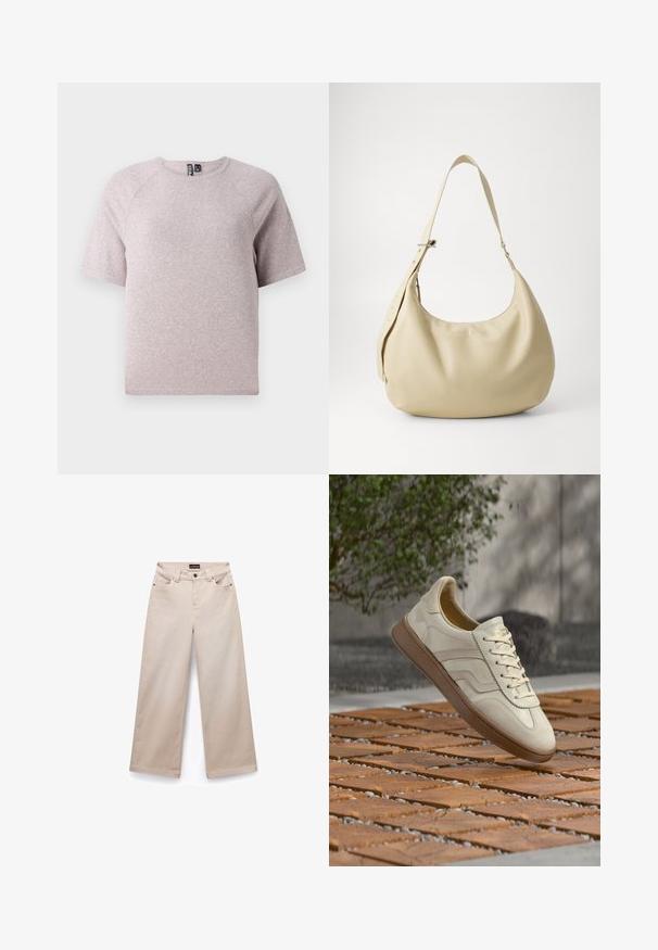Lichtbeige t-shirt met korte mouwen, gemaakt van zachte, gestructureerde stof, met een ronde halslijn en raglanmouwen.; Beige wijde broek van katoen met een gladde textuur. Beschikt over vijf zakken, riemlussen en zilverkleurige hardware aan de voorkant.; Sneaker in roomkleur met een gestructureerde beige rubberen zool, vetersluiting en subtiele merkdetails aan de zijkant. Bovenwerk van glad leer.; Beige leren schoudertas met een gebogen vorm, verstelbare schouderband en reliëf logo detail, met een gladde textuur en een minimalistisch ontwerp.