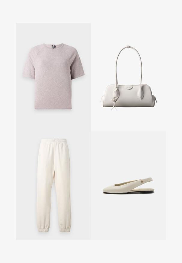 Lichtbeige t-shirt met korte mouwen, gemaakt van zachte, gestructureerde stof, met een ronde halslijn en raglanmouwen.; Crèmekleurige joggingbroek met elastische tailleband en boorden, plat neergelegd tegen een lichte achtergrond.; Crèmekleurige leren slingback platte schoen met ronde neus en klein gouden embleem op het bandje.; Witte Calvin Klein schoudertas met lange hengsels, rechthoekige vorm, ritssluiting en decoratieve logohanger bij het hengsel.