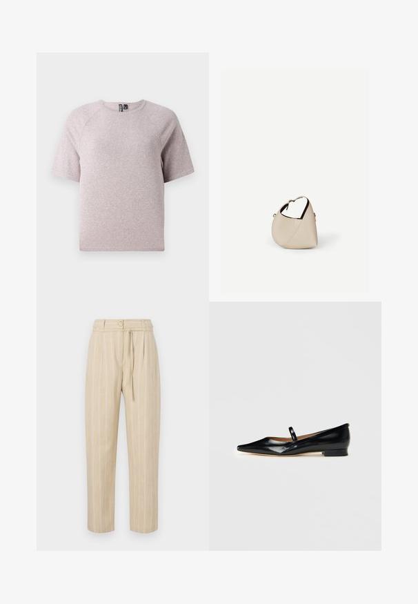 Lys beige kortærmet t-shirt lavet af blødt, struktureret stof med runde udskæring og raglanærmer.; Beige stribede bukser med en afslappet pasform, der har en indsnævret talje, knaplukning og bælte med slipseanordning, lavet af letvægtsstof.; Sorte patenterede læder Mary Jane flade sko med spids tå, én rem og lav hæl på ensfarvet baggrund.; Beige læder håndtaske i halvmåneform med en enkelt skulderrem og minimal syning, sat mod en ensartet hvid baggrund.