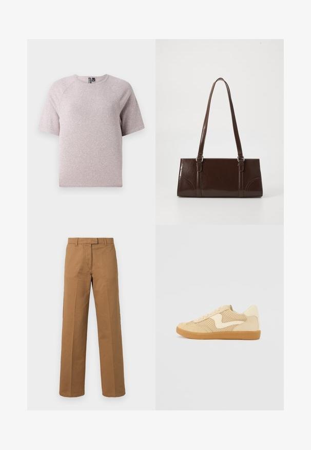 Lichtbeige t-shirt met korte mouwen, gemaakt van zachte, gestructureerde stof, met een ronde halslijn en raglanmouwen.; Bruine rechte broek met riemlussen, een rits aan de voorkant en een plooi in het midden van elk been, op een witte achtergrond.; Beige sneaker van suede en mesh materialen, ronde vorm, opvallende gepolsterde kraag en een gumrubberen zool. Kenmerkt zich door een golvend ontwerp accent.; Bruine lakleren handtas met een rechthoekige vorm, twee lange handvatten en subtiele gebogen accenten aan de voorkant.