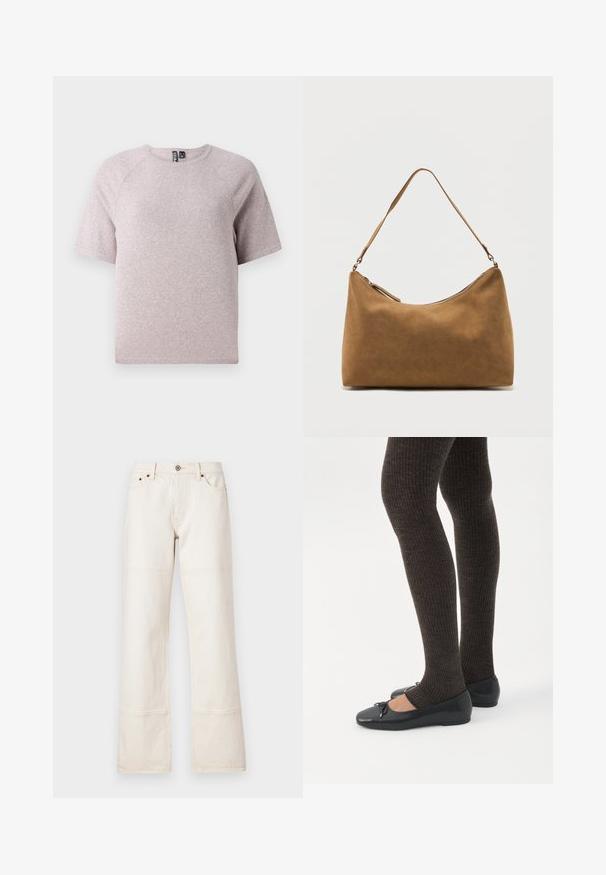Lys beige kortærmet t-shirt lavet af blødt, struktureret stof med runde udskæring og raglanærmer.; Viddebenede, høj talje jeans lavet af beige denim. Har lommer, en front knaplukning og kontrasterende syninger langs sømmene.; Ben iført mørke ribbede leggings kombineret med sorte balletsko med små sløjfedetaljer på hvid baggrund.; Brun skuldertaske i ruskind med enkelt rem og lynlås øverst, vist mod en ensfarvet hvid baggrund.