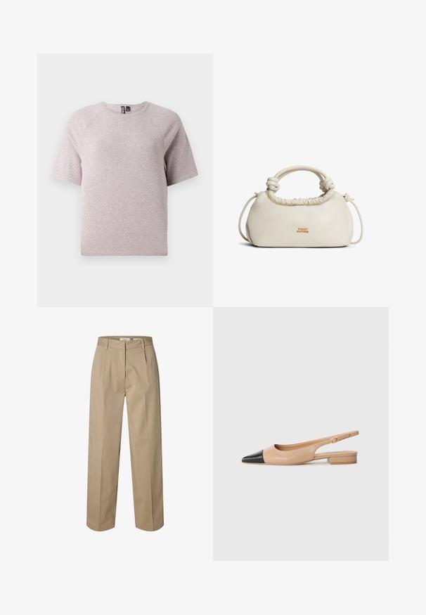 Helles beige T-Shirt mit kurzen Ärmeln, aus weichem, strukturiertem Stoff, mit rundem Halsausschnitt und Raglanärmeln.; Beige gerade geschnittene Hose mit Gürtelschlaufen, vorne Reißverschluss und Hakenverschluss sowie dezenten vorderen Falten für einen maßgeschneiderten Look.; Beige Leder Slingback-Schuh mit schwarzer spitzer Zehe, niedrigem quadratischem Absatz und dekorativer Schnalle am Knöchelriemen. Glatte Oberfläche.; Elfenbeinfarbene weiche Lederhandtasche mit geknotetem Griff und kleinem goldfarbenem "Tommy Hilfiger"-Logo in der Mitte vorne.