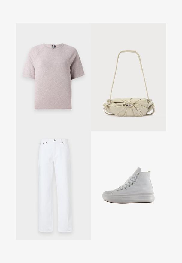 Lichtbeige t-shirt met korte mouwen, gemaakt van zachte, gestructureerde stof, met een ronde halslijn en raglanmouwen.; Witte denim jeans hebben een relaxte pasvorm met een rechte pijp, een vijf-pocket ontwerp, een sluiting met een knop aan de voorkant en koperkleurige klinknagels.; Witte hoge canvas sneaker met witte veters, metalen oogjes, dikke rubberen zool en gestructureerde neuskap, naar links gericht op een witte achtergrond.; Beige leren schoudertas met geplooid ontwerp en zilveren gespsdetail, voorzien van een lange riem en een gevoerd handvatgedeelte.