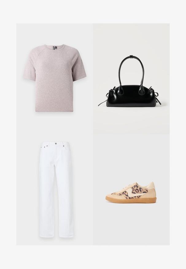 Camiseta de manga corta color beige claro, hecha de una tela suave y texturada, con un escote redondo y mangas raglán.; Los vaqueros de denim blanco cuentan con un ajuste relajado, pierna recta, diseño de cinco bolsillos, cierre frontal con botón y remaches en tono cobre.; Zapatillas de leopardo con parte superior de ante beige, suela de goma marrón y acentos blancos. Punta redonda y diseño con cordones con un acabado texturado.; Pequeño bolso negro brillante con dos asas largas y detalles de cordón lateral sobre un fondo claro liso.