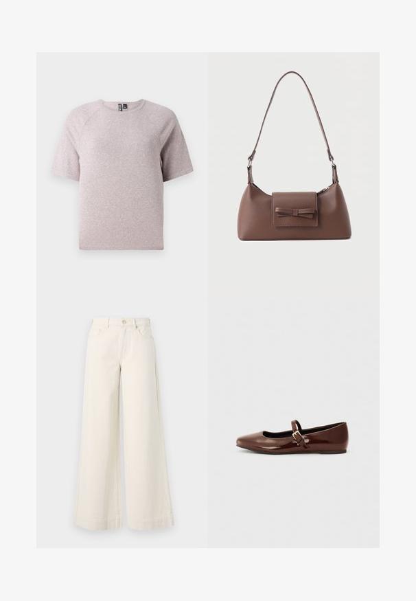 Lichtbeige t-shirt met korte mouwen, gemaakt van zachte, gestructureerde stof, met een ronde halslijn en raglanmouwen.; Wijdvallende, lichtbeige denim broek met een hoge taille, twee voorzakken, knoopsluiting en subtiele stikseldetails.; Bruine gepatineerde leren balletschoen met een vierkante neus en een bandje met een kleine gouden gesp. Gladde textuur, lage hak en minimalistisch ontwerp.; Bruine leren schoudertas met een voorvak met klep en een gestikte strikdetail en een verstelbare band.
