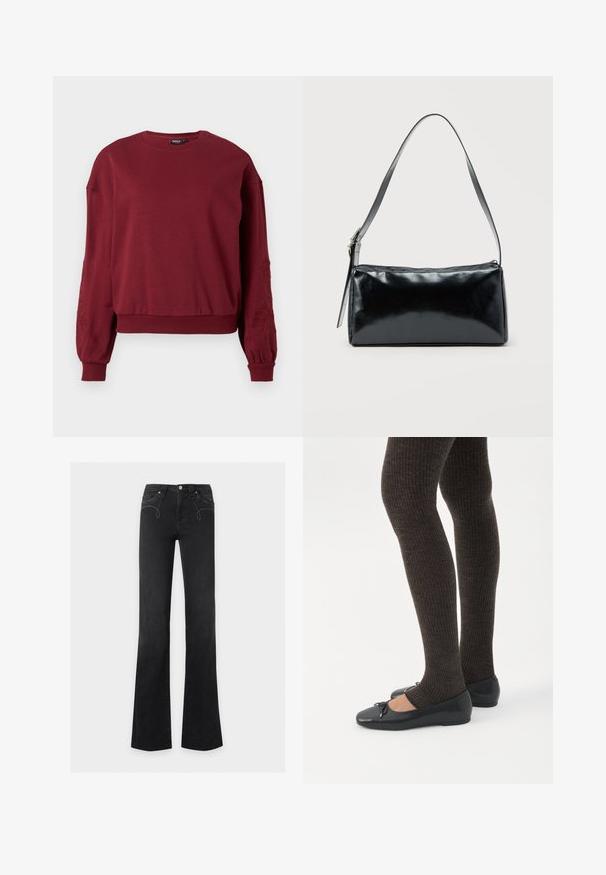 Sweatshirt bourgogne à manches longues avec col rond, poignets et ourlet côtelés, doté de broderies florales discrètes sur les manches.; Jean noir taille haute avec légère évasement, fermeture devant par bouton et zip, poches avant avec détails subtils de couture blanche.; Jambes portant des leggings côtelés foncés associés à des ballerines noires avec de petits détails en nœud sur fond blanc.; Sac d'épaule rectangulaire noir avec une sangle réglable unique et une fermeture éclair supérieure sur un fond uni.