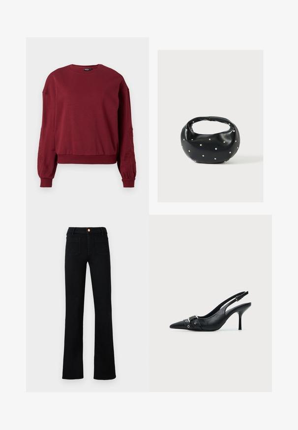 Sweatshirt bourgogne à manches longues avec col rond, poignets et ourlet côtelés, doté de broderies florales discrètes sur les manches.; Jean droit noir taille haute avec poches avant plaquées et fermeture à bouton en cuivre sur un fond neutre.; Escarpin slingback à talon haut en cuir noir avec bout pointu, boucle et détail de bride œillet à l'avant.; Sac à main en cuir noir de forme arrondie, décoré de clous argentés et équipé d'une poignée courte. Texture lisse et fermeture éclair.