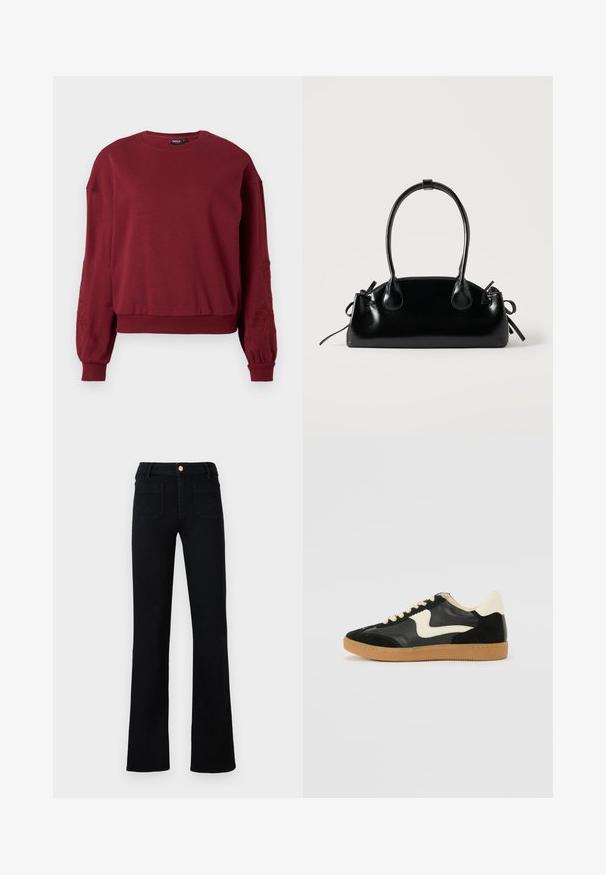 Bordeaux langærmet sweatshirt med rund hals, ribbede manchetter og kant, med diskret blomsterbroderi på ærmerne.; Sorte højtaljede lige ben jeans med frontlomme og kobberknaplukning på en neutral baggrund.; Sorte ruskinds- og lædersneakers med en cremefarvet side-swoosh og lys cremefarvet hæl. Har beige snørebånd og en gummirubber-sål.; Lille sort blank håndtaske med to lange håndtag og snøre-detaljer i siden på en ensfarvet lys baggrund.