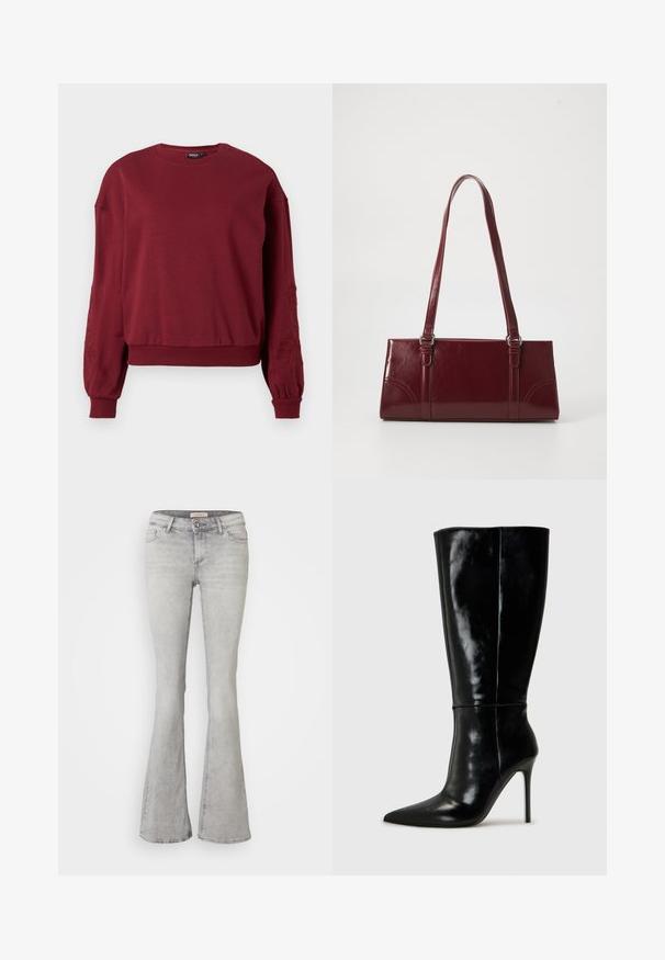 Bordeaux langærmet sweatshirt med rund hals, ribbede manchetter og kant, med diskret blomsterbroderi på ærmerne.; Grå denim jeans med flared ben, tætsiddende talje, fem lomme-design og let slidte områder. Med knaplukning og syet kant.; Sorte læderknælange støvler med spids tå og høj stilettohæl. Glat tekstur og slank design, med minimalt detaljer.; Bordeaux håndtaske lavet af glansfuldt materiale, rektangulær form, med to skulderremme og subtile buede detaljer på forsiden.