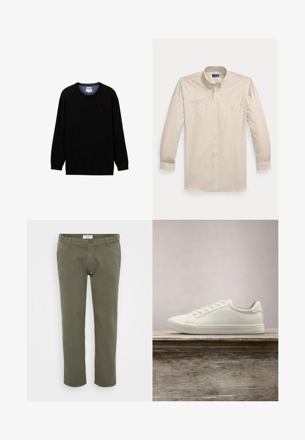 Sort langærmet sweater lavet af ribbet materiale med rund halsudskæring. Har et subtilt logo på brystet og en kontrasterende indvendig krave.; Langærmet beige og hvid ternet knap-op skjorte med krave og Polo Ralph Lauren-logo på venstre bryst.; Olivengrønne chinos med lige pasform, lavet af bomuld med let struktur, med knaplukning og bæltestropper.; Hvide snørresneakers svævende over en træbænk med grønne planter i baggrunden, der fremhæver skodesign og tekstur.