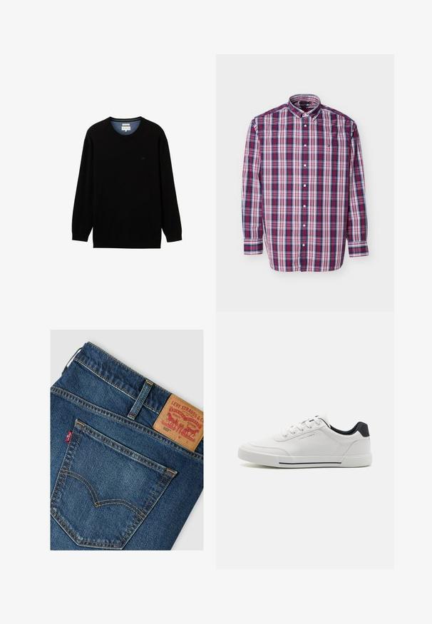 Sort langærmet sweater lavet af ribbet materiale med rund halsudskæring. Har et subtilt logo på brystet og en kontrasterende indvendig krave.; Langærmet skjorte med knapper med et blåt, rødt og hvidt ternet mønster og krave med knapper, lagt fladt på en hvid baggrund.; Baglomme og linning på blå Levi's 502 jeans med lædermærke og rød Levi's stofmærkat.; Hvide sneakers med en glat syntetisk overdel, rund tå, snørebåndsdesign, marineblå accent på hælen og en tekstureret gummisål med en sort stribe.