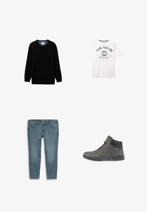 Schwarzer Pullover mit langen Ärmeln aus geripptem Material und rundem Ausschnitt. Verfügt über ein dezentes Logo auf der Brust und einen kontrastierenden inneren Kragen.; Weißes T-Shirt mit kurzen Ärmeln und dem Text "Tom Tailor", "Seit 1962" sowie "Premium Quality Essentials" und Grafik auf der Vorderseite.; Blaue Jeans aus Denim mit vorne und hinten Taschen, Gürtelschlaufen, Knopfverschluss und leichter Verfärbung an Oberschenkeln und Knien. Größe 40/34.; Herren-Ankle Boots in Grau aus Leder mit einem gefütterten Kragen aus Fell, dekorativen Nähten und einer strukturierten Gummisohle.