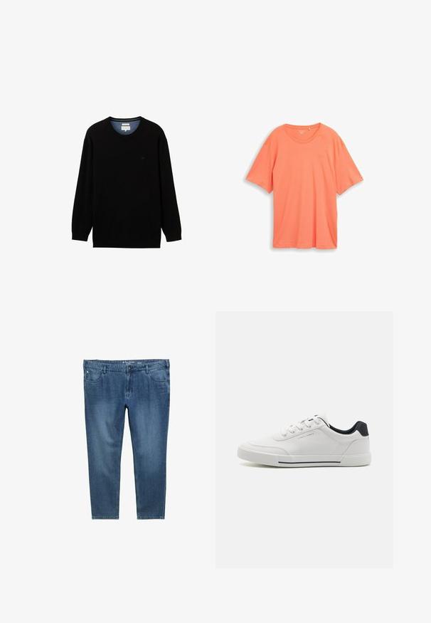 Sort langærmet sweater lavet af ribbet materiale med rund halsudskæring. Har et subtilt logo på brystet og en kontrasterende indvendig krave.; Koralfarvet T-shirt med korte ærmer og rund halsudskæring, med lille broderet logo på venstre bryst, vist på en hvid baggrund.; Mørkeblå denim jeans med lige ben, frontlommer og en bånd i taljen. Lys falmning langs lårerne.; Hvide sneakers med en glat syntetisk overdel, rund tå, snørebåndsdesign, marineblå accent på hælen og en tekstureret gummisål med en sort stribe.