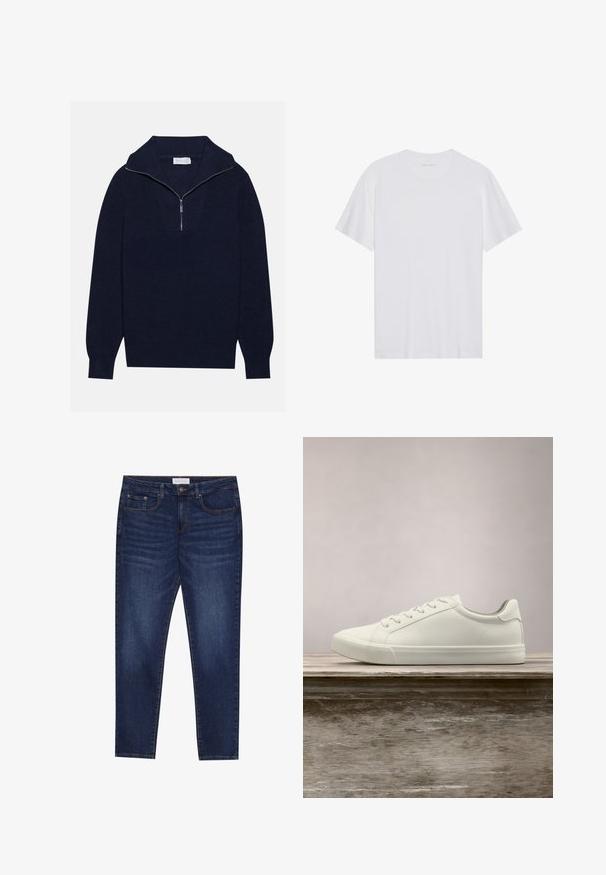 Mørkeblå striktrøje med halvlukket krave, med ripet tekstur og et V-formet design på forsiden. Lange ærmer og tætsiddende kanten.; Hvid bomulds T-shirt med korte ærmer, rund hals og en glat tekstur. Har minimal branding på halsudskæringen.; Mørkeblå slim-fit jeans med fem lommer, knaplukning og kontrastsying, mærket Pier One på livlinen.; Hvide snørresneakers svævende over en træbænk med grønne planter i baggrunden, der fremhæver skodesign og tekstur.
