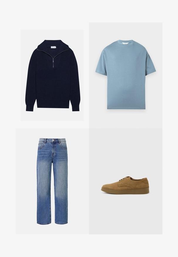 Pull en maille bleu marine avec un col zippé à moitié, présentant une texture côtelée et un design en V sur le devant. Manches longues et ourlet ajusté.; T-shirt bleu à manches courtes, col rond et coupe régulière, présenté à plat sur un fond blanc.; Jeans en denim bleu clair à jambes larges avec un motif délavé, cinq poches et une fermeture à glissière. Comprend un bouton et des passants de ceinture à la taille.; Chaussure décontractée à lacets en daim marron avec semelle en caoutchouc plate, vue de côté sur un fond clair uni.