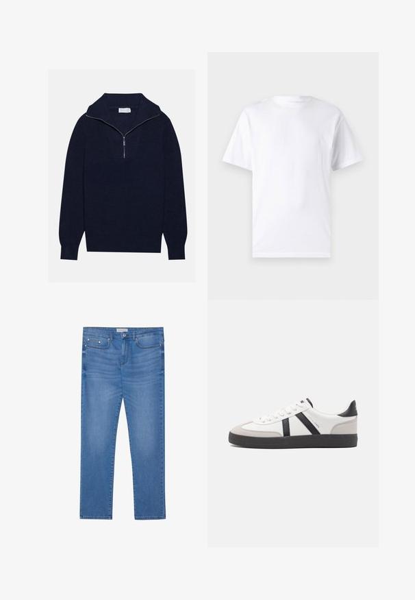 Mørkeblå striktrøje med halvlukket krave, med ripet tekstur og et V-formet design på forsiden. Lange ærmer og tætsiddende kanten.; Hvid kortærmet t-shirt lavet af bomuld med rund hals, der har en glat tekstur og et simpelt design uden mønstre eller accenter.; Lyseblå denimjeans med lige ben, femlommes design, subtil falming og metalbeslag ved taljen og lommerne.; Hvide sneakers med sorte og grå detaljer, med en tekstureret grå tåhætte, sort gummisål og flade hvide snørebånd. Rent design, minimalistisk stil.