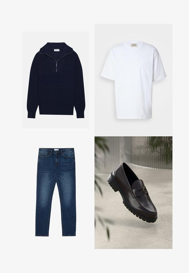 Mørkeblå striktrøje med halvlukket krave, med ripet tekstur og et V-formet design på forsiden. Lange ærmer og tætsiddende kanten.; Hvid kortærmet t-shirt lavet af bomuld. Indeholder en brystlomme og subtil syning på lommen. Rund halsudskæring.; Mørkeblå slim-fit jeans med falmede detaljer, klassisk fem-lomme design, knappelukning og bæltestropper.; Brune læder loafers med en tekstureret, rippet gummisål. Har et slankt design og et dekorativt bånd over vristen.