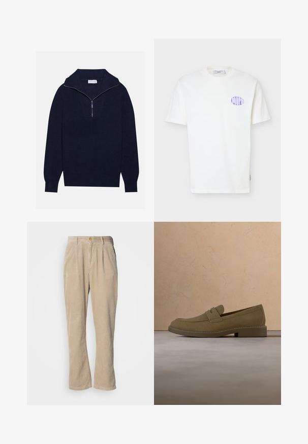 Mørkeblå striktrøje med halvlukket krave, med ripet tekstur og et V-formet design på forsiden. Lange ærmer og tætsiddende kanten.; Hvid kortærmet T-shirt af bomuld med lilla oval logo på venstre bryst og en rund halsudskæring.; Beige kordfløjlsbukser med lige ben-silhuet, som har læg ved taljen og en frontlukning med knap. Tekstureret overflade.; Brun mokkalærreds loafersko svæver over et tekstureret beige tæppe i en stue med et træ sofabord og stabler af bøger.