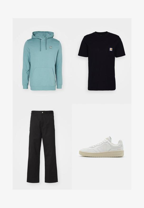 Sudadera con capucha de color azul verdoso, confeccionada en un tejido suave, con un bolsillo tipo canguro y un pequeño parche con logo en la parte superior izquierda.; Camiseta de algodón negra con mangas cortas, cuello redondo y un bolsillo en el pecho que presenta un pequeño parche de logo cuadrado. Diseño simple y sólido.; Pantalones negros de tela duradera con un corte recto, que presentan un cierre frontal con botón, passadores para cinturón y sin patrones o acentos visibles.; Zapatillas blancas de cuero con un acabado texturizado y cuello acolchado. Cuentan con una suela de goma beige y un sutil logotipo en el talón y el lado.