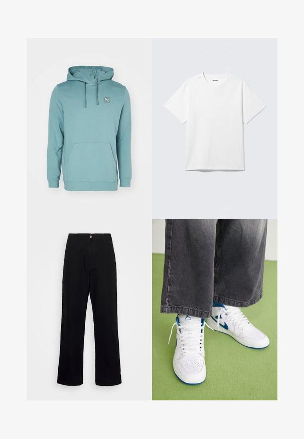 Sudadera con capucha de color azul verdoso, confeccionada en un tejido suave, con un bolsillo tipo canguro y un pequeño parche con logo en la parte superior izquierda.; Camiseta blanca de manga corta con cuello redondo, colocada plana, diseño liso, con etiqueta "WEEKDAY" en el interior del cuello sobre un fondo claro.; Pantalones negros de tela pesada, con un diseño de pierna recta, bolsillos frontales, cierre de cremallera y un solo botón metálico.; Zapatillas altas blancas con acentos azules, caja de puntera perforada y cordones blancos. Llevadas con pantalones de mezclilla grises sueltos sobre una superficie verde.