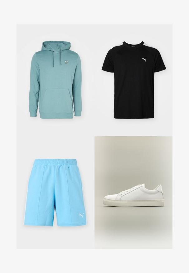 Türkise Kapuzenjacke aus weichem Stoff, mit einer Kängurutasche und einem kleinen Logo-Patch auf der oberen linken Seite.; Schwarzes Kurzarm-T-Shirt mit weißen Akzentstreifen auf den Schultern, runden Halsausschnitt und kleinem weißen Logo auf der linken Brust. Weicher Stoff, klassische Passform.; Hellblaue Sportsshorts mit elastischem Bund, weißen Seitenstreifen und Puma-Logo vorne am unteren rechten Bein.; Weißer Sneaker mit niedrigem Schaft, vorn mit Schnürung und dicker Sohle, aus der Seitenansicht vor neutralem Hintergrund.