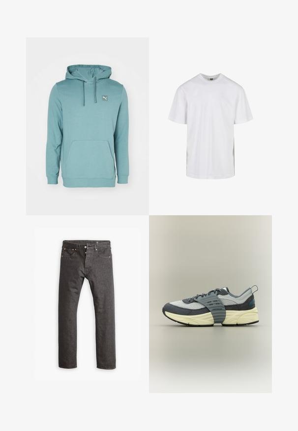 Sweatshirt à capuche teal en tissu doux, avec une poche kangourou et un petit patch logo en haut à gauche.; T-shirt blanc uni à manches courtes avec col rond et coupe décontractée, présenté sur fond blanc.; Jeans droits gris foncé en denim, dotés de quincaillerie en ton cuivre, d'un design à cinq poches et d'une fermeture à bouton et glissière à l'avant.; Baskets basses avec tige en mesh gris et suède, semelle intermédiaire crème, semelle extérieure noire et large sangle grise sur le médio-pied.