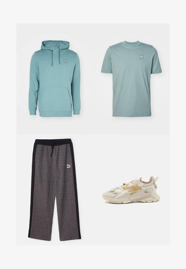 Sudadera con capucha de color azul verdoso, confeccionada en un tejido suave, con un bolsillo tipo canguro y un pequeño parche con logo en la parte superior izquierda.; Camiseta de algodón verde claro con cuello redondo, mangas cortas y un pequeño parche blanco con logo en la parte superior izquierda del pecho. Diseño sencillo, sin estampados.; Puma RELAXED TRACK PANTS - Pantalones deportivos - black/alpine snow; Zapatilla de color crema con parte superior texturizada, diseño de cordones y un detalle distintivo del logo. Presenta una suela gruesa y acentos en contraste en color marrón.