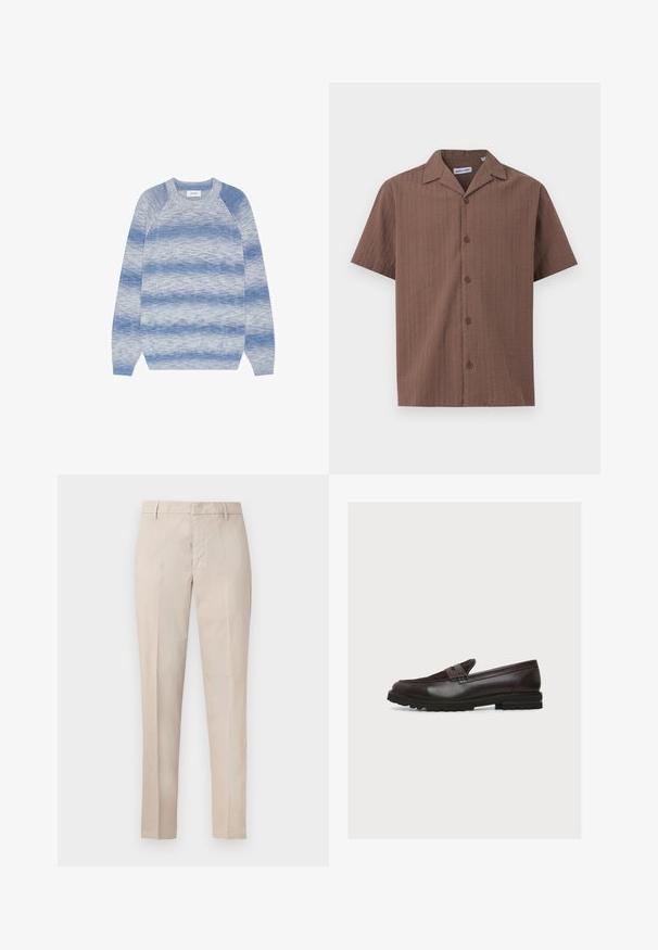 Pull à manches longues col rond avec des rayures horizontales bleu et gris marbré, poignets et ourlet côtelés, posé à plat sur fond blanc.; Chemise marron à manches courtes avec boutons, col pointu et motif texturé subtil, présentée sur un fond gris clair.; Pantalon beige droit avec passants pour ceinture, fermeture avant dissimulée et plis sur le devant.; Mocassin en cuir marron foncé avec dessus en daim, bride pour pièce, détails cousus et semelle épaisse en caoutchouc avec motif de bande de roulement, vu de profil.
