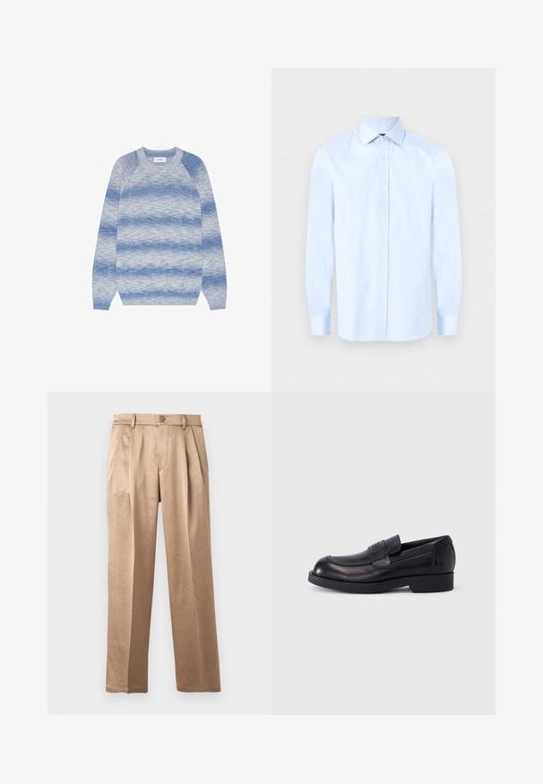 Pull à manches longues col rond avec des rayures horizontales bleu et gris marbré, poignets et ourlet côtelés, posé à plat sur fond blanc.; Chemise habillée homme bleu clair à manches longues avec col pointu et boutons blancs sur le devant, sur un fond uni.; Pantalon beige à coupe décontractée avec plis, fermeture par bouton et passants pour ceinture. Confectionné en tissu léger, avec une texture lisse et des jambes droites.; Mocassin en cuir noir avec petit talon et bride sur le dessus, logo embossé sur la bride, présenté de profil sur fond blanc.