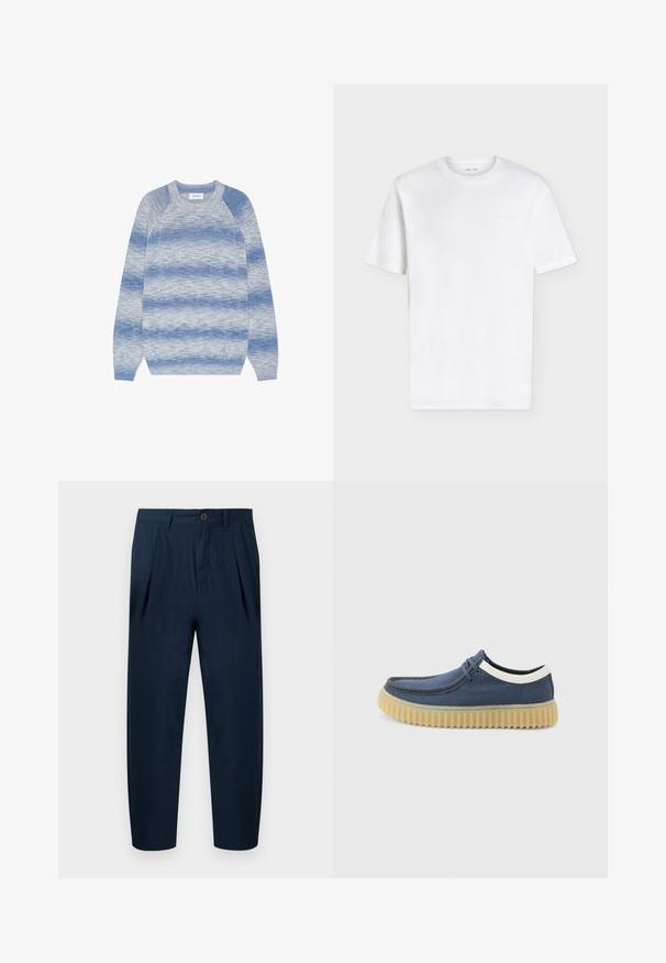 Pull à manches longues col rond avec des rayures horizontales bleu et gris marbré, poignets et ourlet côtelés, posé à plat sur fond blanc.; T-shirt blanc uni à manches courtes et col rond avec un logo embossé subtil sur la partie supérieure gauche de la poitrine, présenté sur fond blanc.; Pantalon bleu marine ajusté avec passants pour ceinture, bouton à l'avant, fermeture éclair et poches latérales, présenté à plat sur un fond blanc.; Chaussure décontractée bleu marine avec bordure blanche, design à lacets, et semelle en caoutchouc beige épaisse et rainurée, montrée de profil sur un fond gris clair.