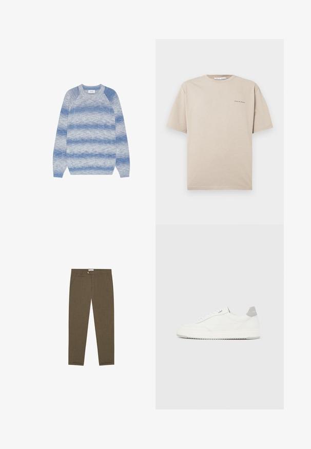 Pull à manches longues col rond avec des rayures horizontales bleu et gris marbré, poignets et ourlet côtelés, posé à plat sur fond blanc.; T-shirt beige à manches courtes en coton doux, avec un col rond et un logo minimaliste "Tiger of Sweden" noir sur la poitrine gauche.; Pantalon marron sur mesure avec poches avant, passants de ceinture et fermeture par bouton à la taille, posé à plat sur fond blanc.; Baskets basses blanches avec un onglet de talon gris, des lacets blancs et une semelle texturée, présentées sur un fond uni clair.
