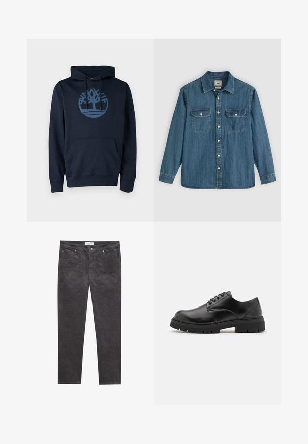 Navyblauwe hoodie van een mengsel van katoen, met een voorzak en een rond boomlogo in een lichtere blauw op de borst.; Blauw denim overhemd met lange mouwen, knoopsluiting aan de voorkant, twee borstzakken en een kraag. Voorzien van stikdetails en een comfortabele, losse pasvorm.; Korduroy broeken in donkergrijs met een duidelijke textuur, voorzien van vijf zakken, een ritssluiting en metalen hardware accenten. Rechtoe rechtaan ontwerp.; Zwarte leren schoenen met een ronde neus, vetersluiting en een dikke, gestructureerde rubberen zool. Kenmerken zijn stiksels langs de rand en een gladde afwerking.