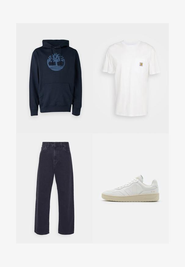 Dunkelblauer Hoodie aus Baumwollmischgewebe, mit einer Fronttasche und einem runden Baumlogo in einem helleren Blau auf der Brust.; Weißes Baumwoll-T-Shirt mit kurzen Ärmeln, einer Brusttasche und einem kleinen quadratischen Logopatch in Orange und Weiß auf der Tasche.; Dunkelblaue Jeans mit weitem Bein, hoher Taille und Fünf-Taschen-Design. Mit einer klassischen Knopf- und Reißverschlussöffnung ausgestattet.; Weiße Leder-Sneaker mit strukturierter Oberfläche und gepolstertem Kragen. Sie verfügen über eine beigen Gummisohle und dezente Markenkennzeichnung an der Ferse und an der Seite.