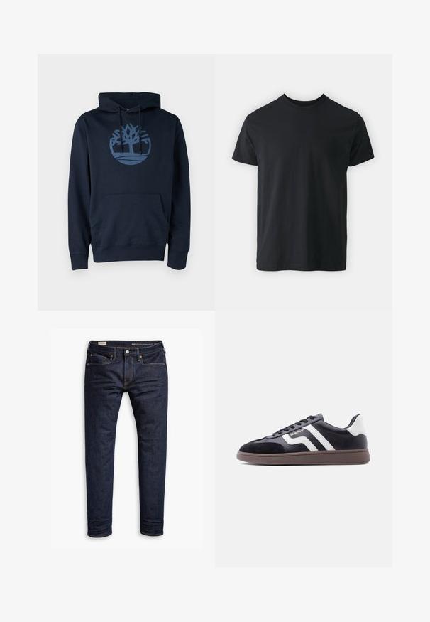 Navyblauwe hoodie van een mengsel van katoen, met een voorzak en een rond boomlogo in een lichtere blauw op de borst.; Zwart katoenen T-shirt met korte mouwen, ronde hals en een relaxte pasvorm. Glad textuur en rechte zoom, geen zichtbare graphics of patronen.; Donkerblauwe denim jeans met een slim fit, uitgerust met oranje stiksels, een vijf-pocket ontwerp en metalen hardware. Glad materiaal, zonder patronen.; Zwarte sneakers van suède en synthetisch materiaal, met witte diagonale strepen en een bruine textuurzool. Voorzien van een veterontwerp en een gevoerde kraag.