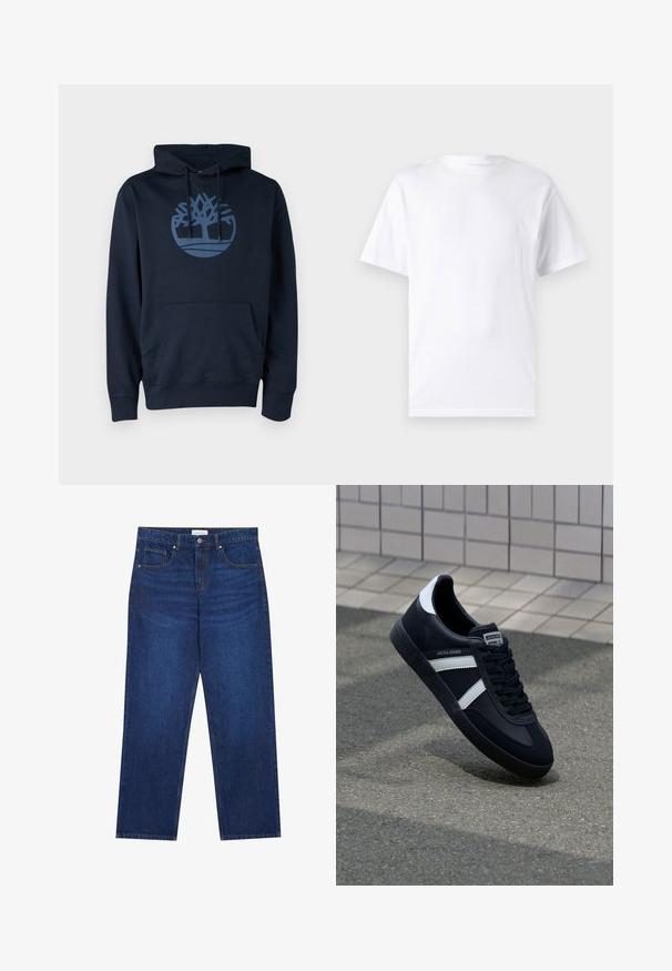 Dunkelblauer Hoodie aus Baumwollmischgewebe, mit einer Fronttasche und einem runden Baumlogo in einem helleren Blau auf der Brust.; Weißes kurzärmeliges T-Shirt aus Baumwolle mit Rundhalsausschnitt, das eine glatte Textur und ein einfaches Design ohne Muster oder Akzente aufweist.; Dunkelblaue Denim-Jeans mit geradem Bein, ausgestattet mit einem Knopf- und Reißverschluss, fünf Taschen und sichtbaren Nähten.; Schwarze Leder-Sneaker mit weißen Streifen, strukturiertem Gummisohle und Schnürung. Verfügt über ein Markenetikett auf der Zunge.