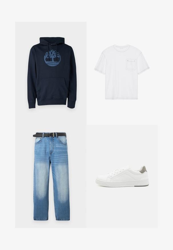 Dunkelblauer Hoodie aus Baumwollmischgewebe, mit einer Fronttasche und einem runden Baumlogo in einem helleren Blau auf der Brust.; Weißes Baumwoll-T-Shirt mit kurzen Ärmeln, Rundhalsausschnitt und einer Brusttasche. Verfügt über kontrastierende Nähte entlang der Kanten.; Hellblaue Denim-Jeans mit geradem Bein, ausgestattet mit einem schwarzen Gürtel, ausgewaschenen Stellen und subtiler diagonaler Textur im oberen Bereich.; Weißer Sneaker aus glattem Leder, runde Zehenpartie, minimalistisches Design, graue Fersenkante und strukturierte Gummisohle.