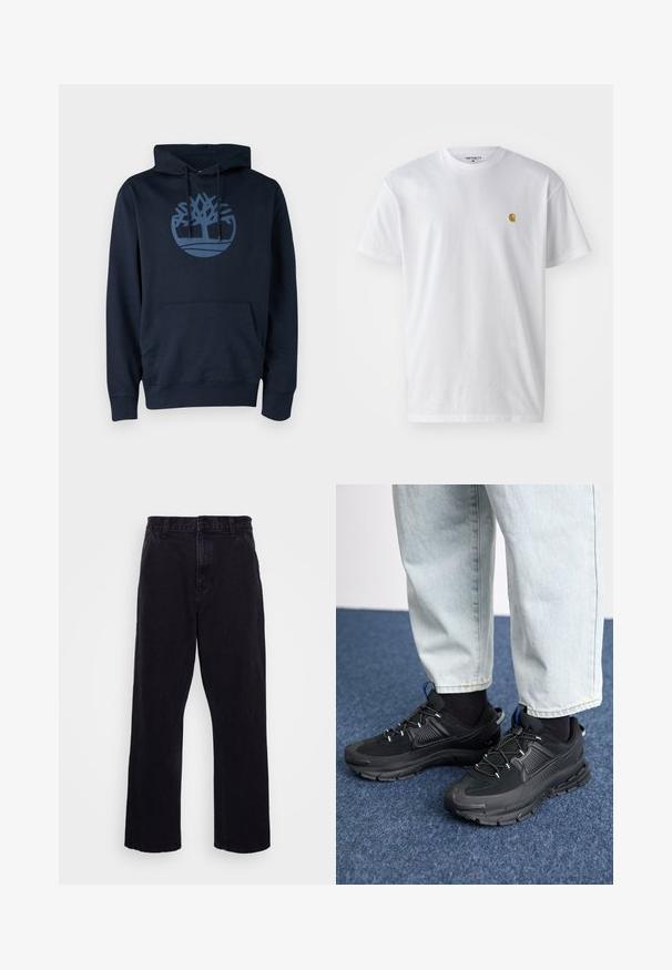 Dunkelblauer Hoodie aus Baumwollmischgewebe, mit einer Fronttasche und einem runden Baumlogo in einem helleren Blau auf der Brust.; Weißes Baumwoll-T-Shirt mit kurzen Ärmeln, Rundhalsausschnitt, mit einem kleinen goldenen Logo im linken Brustbereich. Weicher Stoff und normale Passform.; Schwarze Jeanshose mit geradem Bein, ausgestattet mit einem Knopf- und Reißverschluss, Gürtelschlaufen und minimalen Nähdetails.; Schwarze Sportschuhe aus strukturiertem Stoff mit Gummisohlen, ausgestattet mit elastischen Schnürsenkeln und einem blauen Akzent an der Ferse. Getragen mit hellen Jeans.