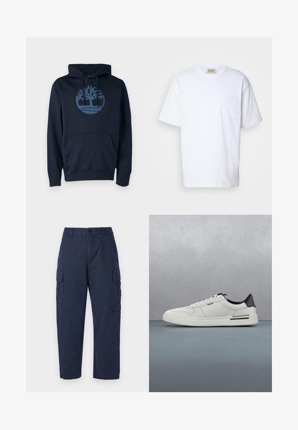 Dunkelblauer Hoodie aus Baumwollmischgewebe, mit einer Fronttasche und einem runden Baumlogo in einem helleren Blau auf der Brust.; Weißes Kurzarm-T-Shirt aus Baumwolle. Mit einer Brusttasche und feinen Nähten an der Tasche. Rundhalsausschnitt.; Marine Cargo-Hose aus Baumwolle. Verfügt über zwei Seitentaschen, einen Knopfverschluss und einen geraden Schnitt. Sanfte Textur und lässige Passform.; Weißer Sneaker mit niedrigem Schnitt und schwarzer Ferse, Schnürverschluss, dezenten Perforationen und "BOSS"-Logo an der Seite, gezeigt von der äußeren Seitenansicht.