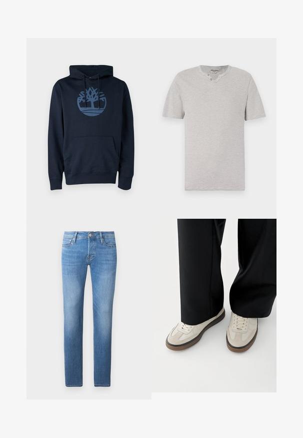 Navyblauwe hoodie van een mengsel van katoen, met een voorzak en een rond boomlogo in een lichtere blauw op de borst.; Korte mouwen, grijs en wit gestreept T-shirt met een ronde kraag en twee-knopen detail bij de halslijn. Zachte stof met een casual pasvorm.; Lichtblauwe denim jeans met een rechte pijp, voorzien van een knoop- en ritsluiting, vijf zakken en subtiele vervaging.; Voeten met beige sneakers met bruine zolen en zwarte wijde broekspijpen op een witte achtergrond.