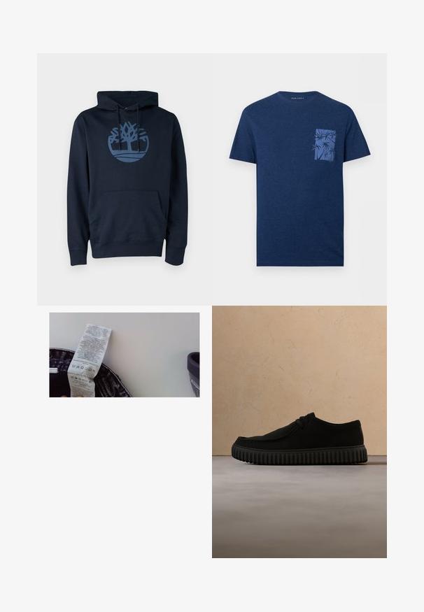 Navyblauwe hoodie van een mengsel van katoen, met een voorzak en een rond boomlogo in een lichtere blauw op de borst.; Marineblauw T-shirt met korte mouwen, ronde hals en kleine borstzak met blauwe palmboom grafische print.; Waslabel op een kledingstuk met details over de textielsamenstelling. De achtergrond heeft een donker patroon aan de rand en bevat wasinstructies in meerdere talen.; Zwarte lage casual schoen met ronde neus, vetersluiting, suède-achtige textuur en dikke geribbelde zool, afgebeeld in zijprofiel op een witte achtergrond.
