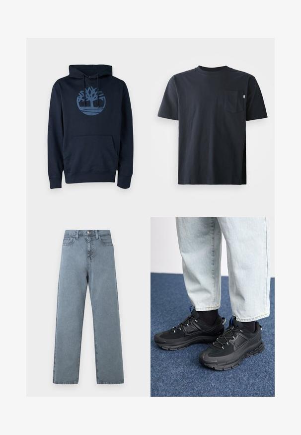 Dunkelblauer Hoodie aus Baumwollmischgewebe, mit einer Fronttasche und einem runden Baumlogo in einem helleren Blau auf der Brust.; Dunkelblaues Baumwoll-T-Shirt mit rundem Ausschnitt und kurzen Ärmeln. Enthält eine einzelne Brusttasche und ein gerades Saumdesign.; Hellblaue Jeans aus Denim mit geradem Bein, fünf Taschen, Metallknopfverschluss und leicht verblasster Textur.; Schwarze Sportschuhe aus strukturiertem Stoff mit Gummisohlen, ausgestattet mit elastischen Schnürsenkeln und einem blauen Akzent an der Ferse. Getragen mit hellen Jeans.