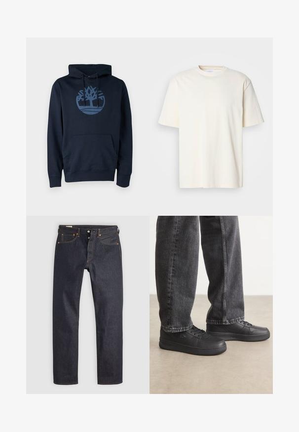 Navyblauwe hoodie van een mengsel van katoen, met een voorzak en een rond boomlogo in een lichtere blauw op de borst.; Effen off-white T-shirt met korte mouwen en ronde hals, unisex ontwerp, weergegeven op een neutrale grijze achtergrond.; Donkerblauwe spijkerbroek met een rechte pijp, voorzien van oranje stiksel en klassieke vijfzakkenstijl. Knop- en ritssluiting.; Zwarte leren sneakers met platte veters, een gladde textuur, subtiele perforaties en logo-detail, gecombineerd met een donkerdenim spijkerbroek.