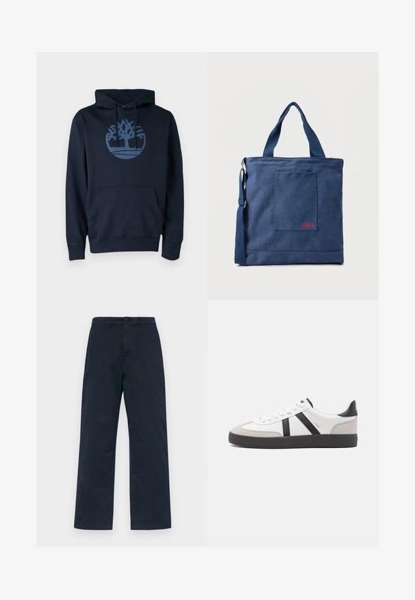 Dunkelblauer Hoodie aus Baumwollmischgewebe, mit einer Fronttasche und einem runden Baumlogo in einem helleren Blau auf der Brust.; Marineblaue Baumwollhose mit geradem Bein, ausgestattet mit einem Vorderknopfverschluss und Gürtelschlaufen. Schlichte, einfarbige Textur ohne Muster.; Weiße Sneaker mit schwarz- und grau-aczenten, ausgestattet mit einer strukturierten grauen Zehenkappe, schwarzer Gummi-Sohle und flachen weißen Schnürsenkeln. Sauberes Design, minimalistische Stil.; Blauer Canvas-Einkaufstasche mit Vordertasche und roter "O.N.S" Stickerei, ausgestattet mit zwei Griffen und einem verstellbaren Schulterriemen.