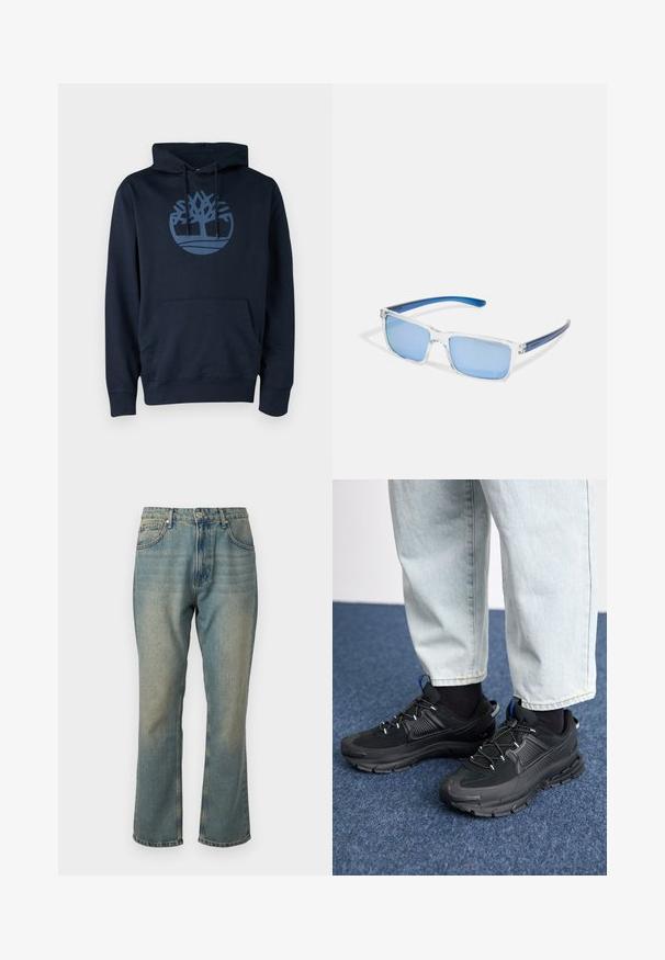 Dunkelblauer Hoodie aus Baumwollmischgewebe, mit einer Fronttasche und einem runden Baumlogo in einem helleren Blau auf der Brust.; Ausgebleichte blaue Denim-Jeans mit geradem Bein, fünf Taschen und einem Knopfverschluss. Hat subtile hellere Waschdetails.; Schwarze Sportschuhe aus strukturiertem Stoff mit Gummisohlen, ausgestattet mit elastischen Schnürsenkeln und einem blauen Akzent an der Ferse. Getragen mit hellen Jeans.; Arnette MWAMBA - Sonnenbrille - transparent