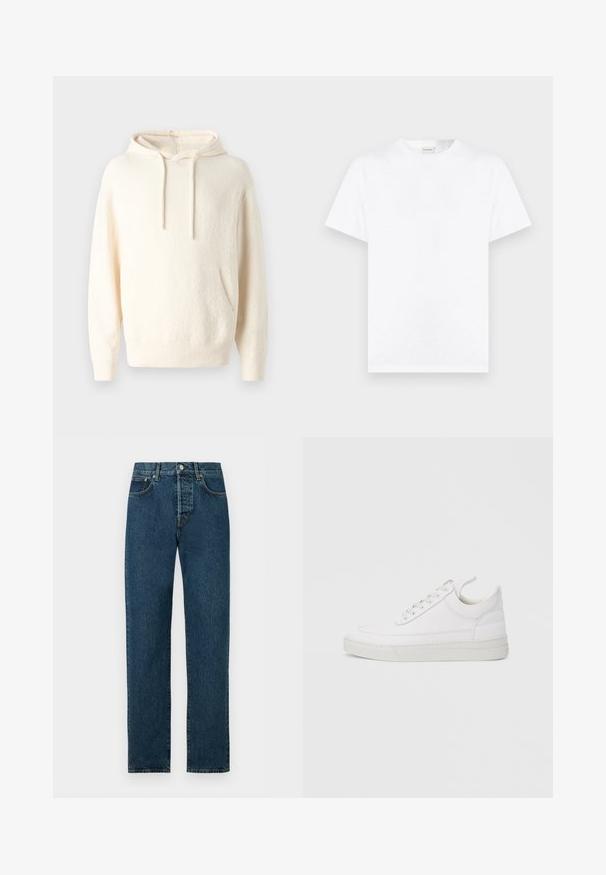 Sudadera con capucha color crema fabricada en un tejido suave, que cuenta con un bolsillo tipo canguro, puños acanalados y un acabado texturizado.; Camiseta blanca lisa de manga corta con cuello redondo, mostrada sobre un fondo gris neutro.; Vaqueros de mezclilla azul oscuro de corte recto con cierre frontal de botón y cremallera, trabillas para cinturón, bolsillos delanteros y costuras en contraste.; Zapatilla blanca de cuero con punta redondeada, suela plana y cierre de cordones. Presenta detalles de costuras y un cuello acolchado para mayor comodidad.