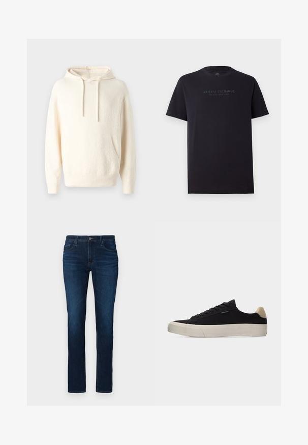 Crème-kleurige hoodie gemaakt van zacht materiaal, met een kangoeroezak, ribgebreide mouwen en een textuurafwerking.; Zwarte katoenen t-shirt met korte mouwen, ronde hals en een iets relaxte pasvorm. Voorzien van "ARMANI EXCHANGE MILANO / NEW YORK" in donkergrijze tekst.; Donkerblauwe denim spijkerbroek met een rechte pijp, uitgerust met een standaard knoop- en ritsluiting, vijf zakken en een lichte vervaging.; Zwarte lage sneaker met beige hielstuk, dikke witte rubberen zool, zwarte veters en een klein "PS Paul Smith" label aan de zijkant.
