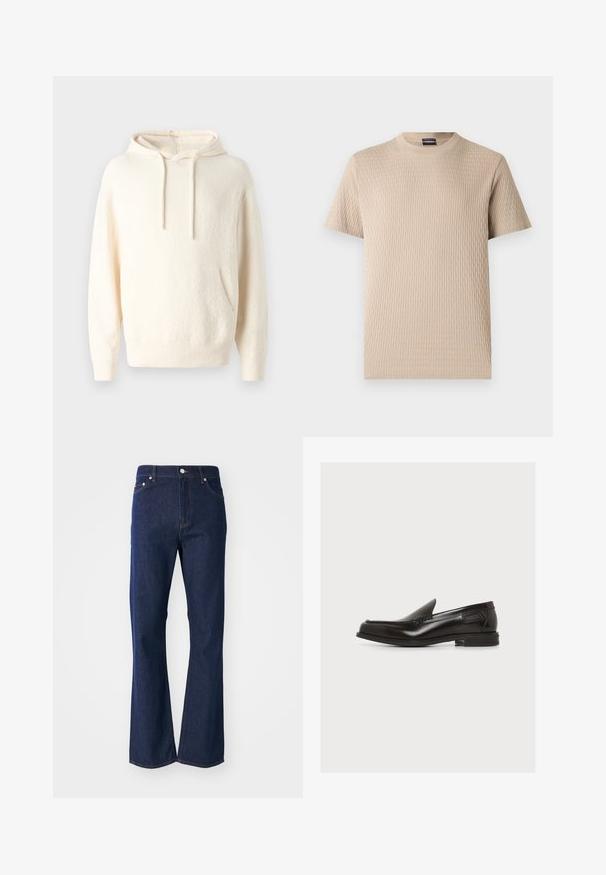 Sudadera con capucha color crema fabricada en un tejido suave, que cuenta con un bolsillo tipo canguro, puños acanalados y un acabado texturizado.; Camiseta beige de algodón acanalado con mangas cortas, cuello redondo y sutil patrón vertical texturizado.; Jeans acampanados de color azul oscuro fabricados en denim. Presentan cinco bolsillos, un cierre frontal con cremallera y un botón metálico. Acentos de costura clásica.; Mocasín negro de cuero sin cordones con tacón bajo y detalles cosidos, etiqueta lateral, sobre fondo blanco liso.